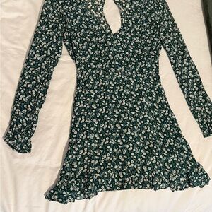 Reformation Green and White Fit and Flare Dress with Bishop Sleeves